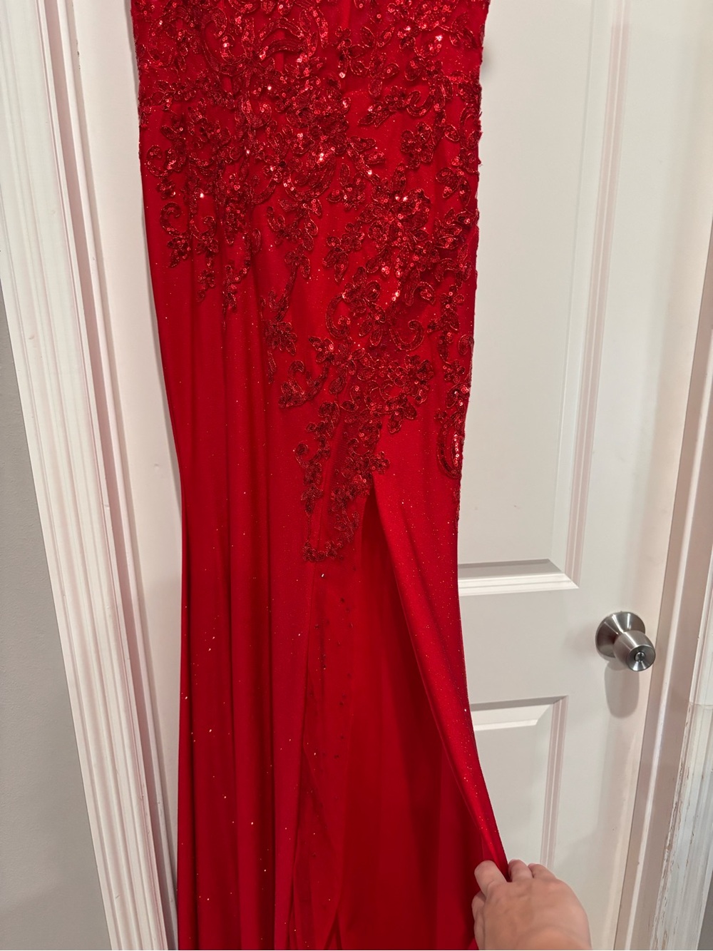 Red Beaded Prom Gown with Embroidered Detail